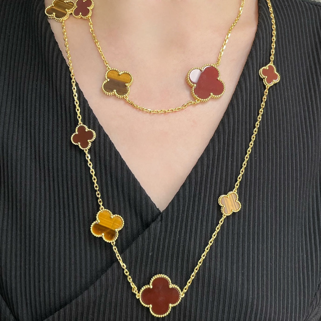 [Stars Jewelry]CLOVER 16 MOTIF CARNELIAN TIGER EYE ROSE GOLD NECKLACE